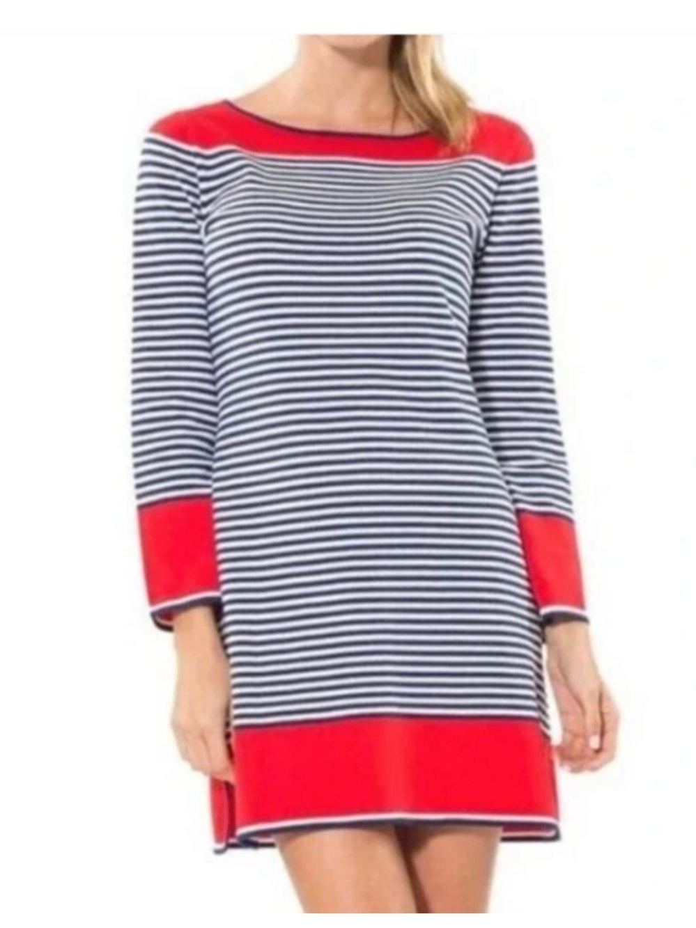 Sail to Sable Nautical Striped Navy Red Boatneck 3/4 sleeve knit Shift Dress XS